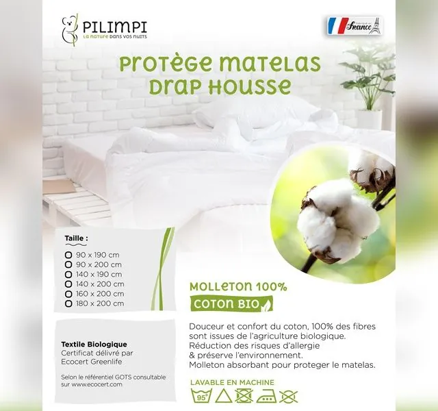 Protège-matelas anti-acariens 100% Coton Bio - Pilimpi